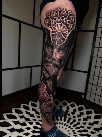Full leg sleeve of geometric dotwork mandalas by Liam Couper, Fife