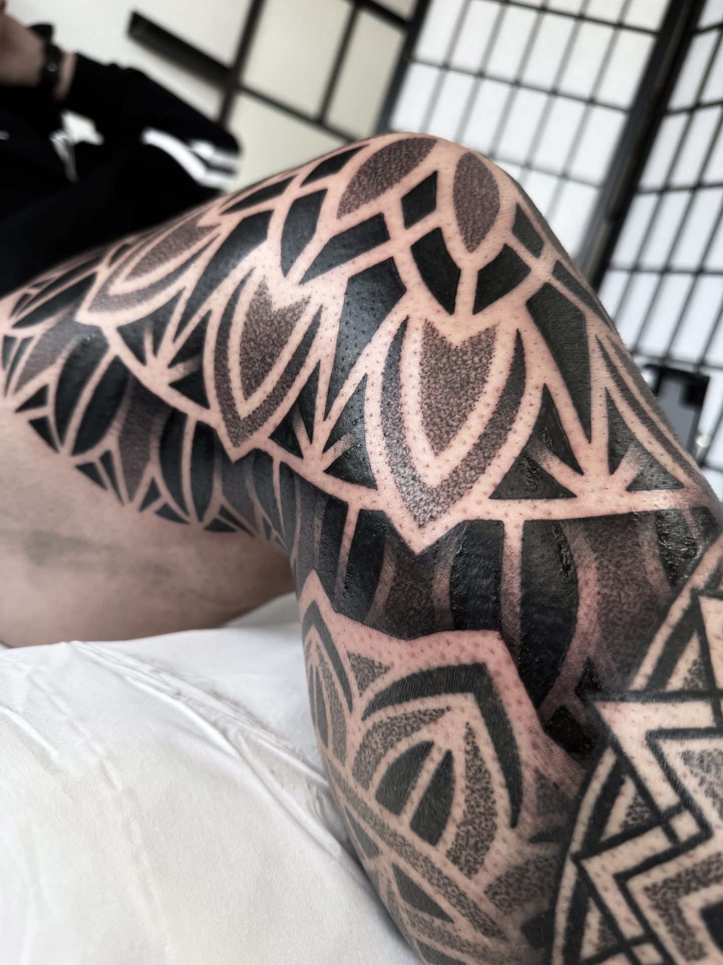 Dotwork mandala knee piece by Liam Couper, Fife