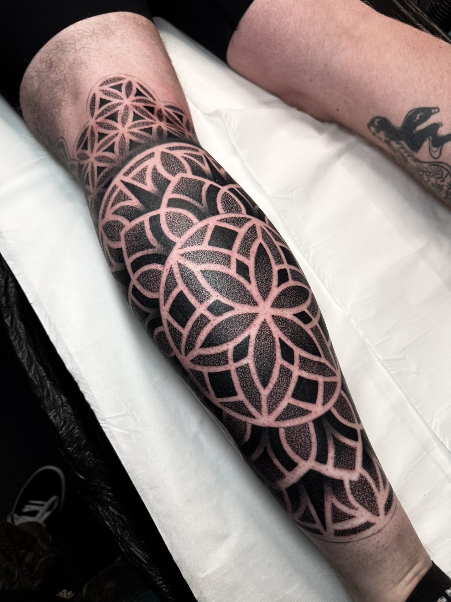 Mandala shin tattoo by Liam Couper